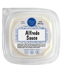 Alfredo sauce in clear plastic packaging with a label.