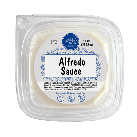 Alfredo sauce in clear plastic packaging with a label.