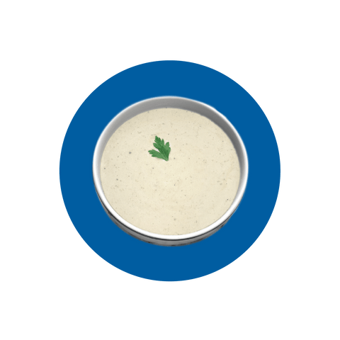 Image of a small bowl with Alfredo in it, in a blue circle